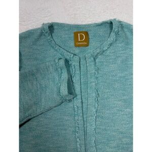 Viintage Cardigan Sweater Blazer Women SP Teal Marl Knit Open Front Fringe Trim
